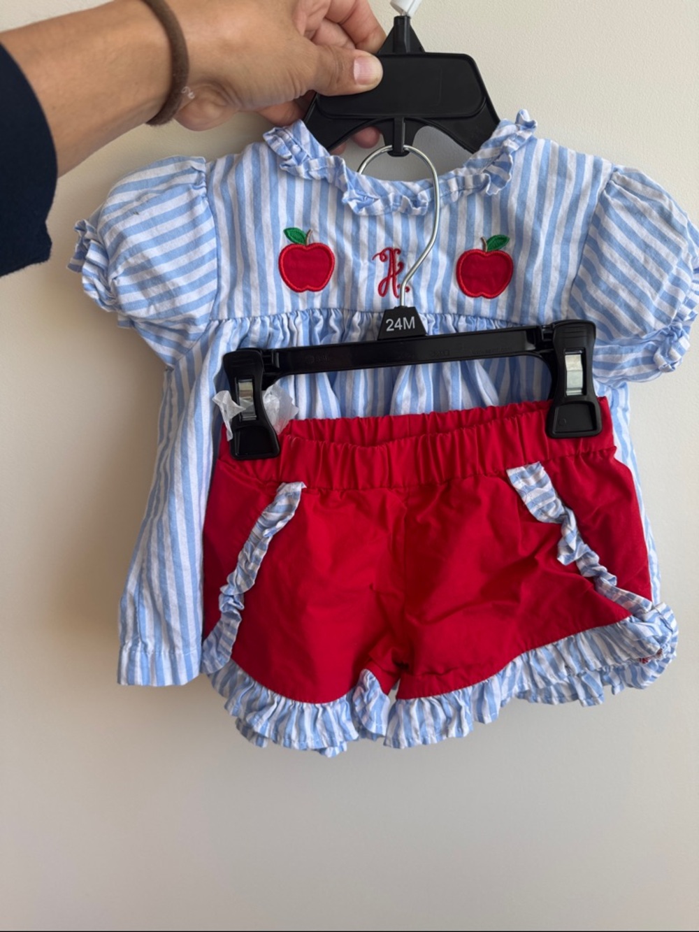 Cecil and Lou Blue & White Striped two-piece set with Red Apple Detail